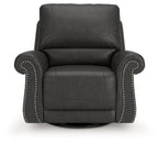 Dark gray swivel recliner with tall backrest, rounded arms, and studded side panels