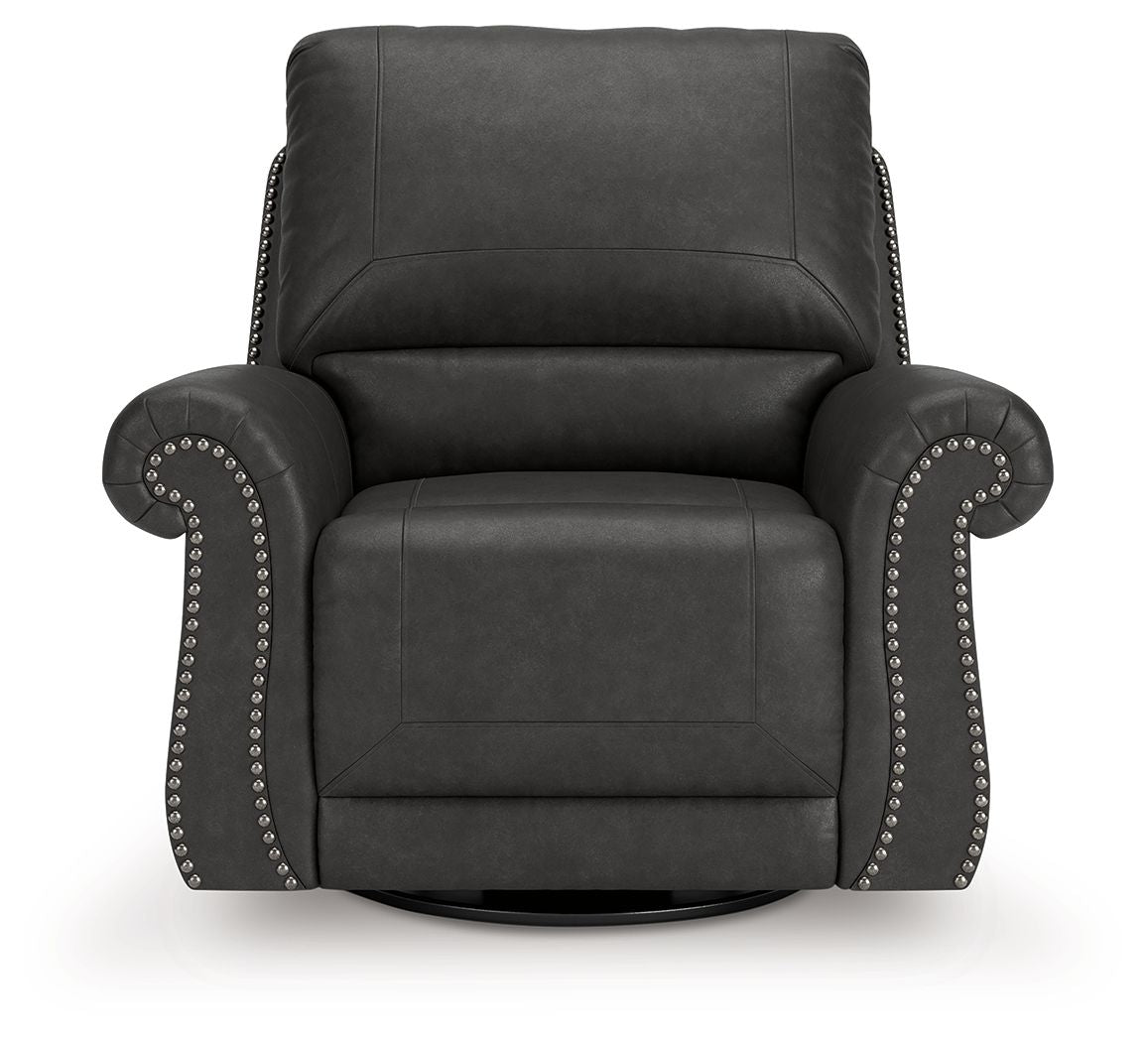 Dark gray swivel recliner with tall backrest, rounded arms, and studded side panels