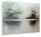 Abstract wall art painting with tree silhouettes, green and tan tones, mirrored water