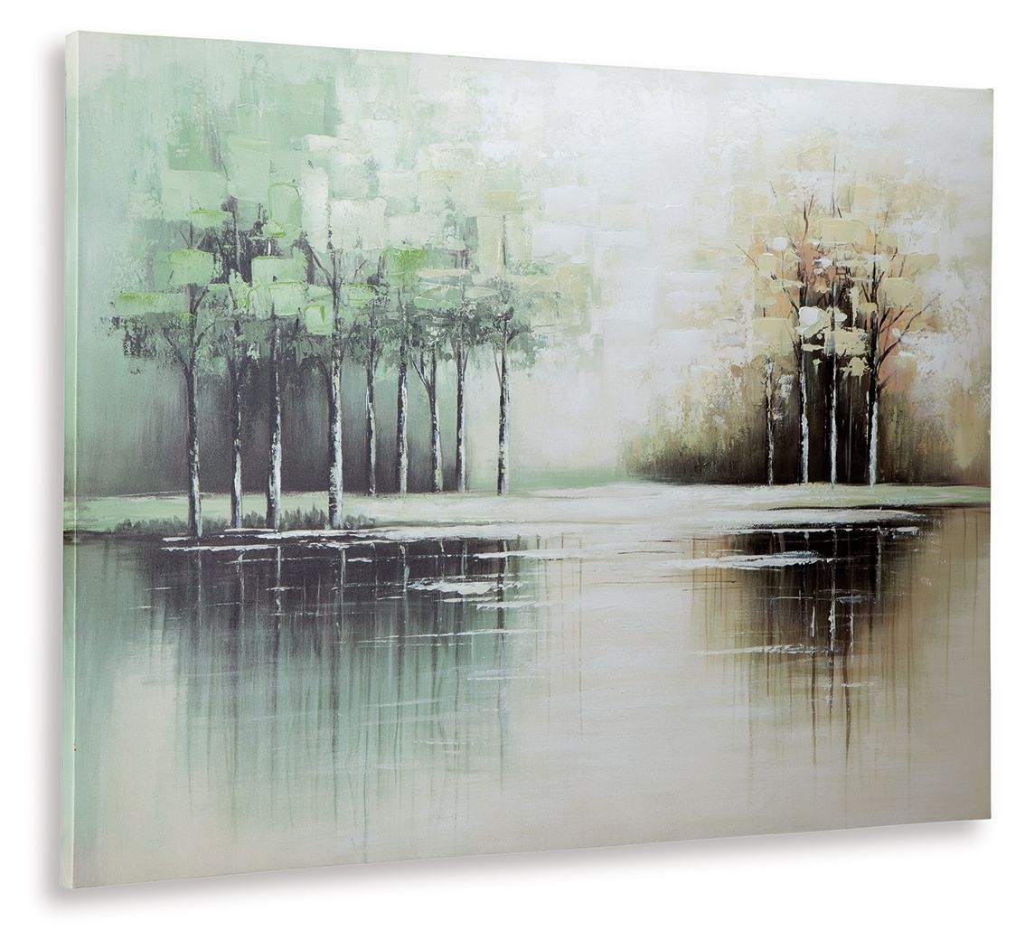 Abstract wall art painting with tree silhouettes, green and tan tones, mirrored water