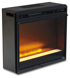Black fireplace insert with glass viewing window and orange flame