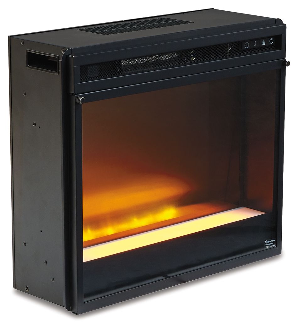 Black fireplace insert with glass viewing window and orange flame