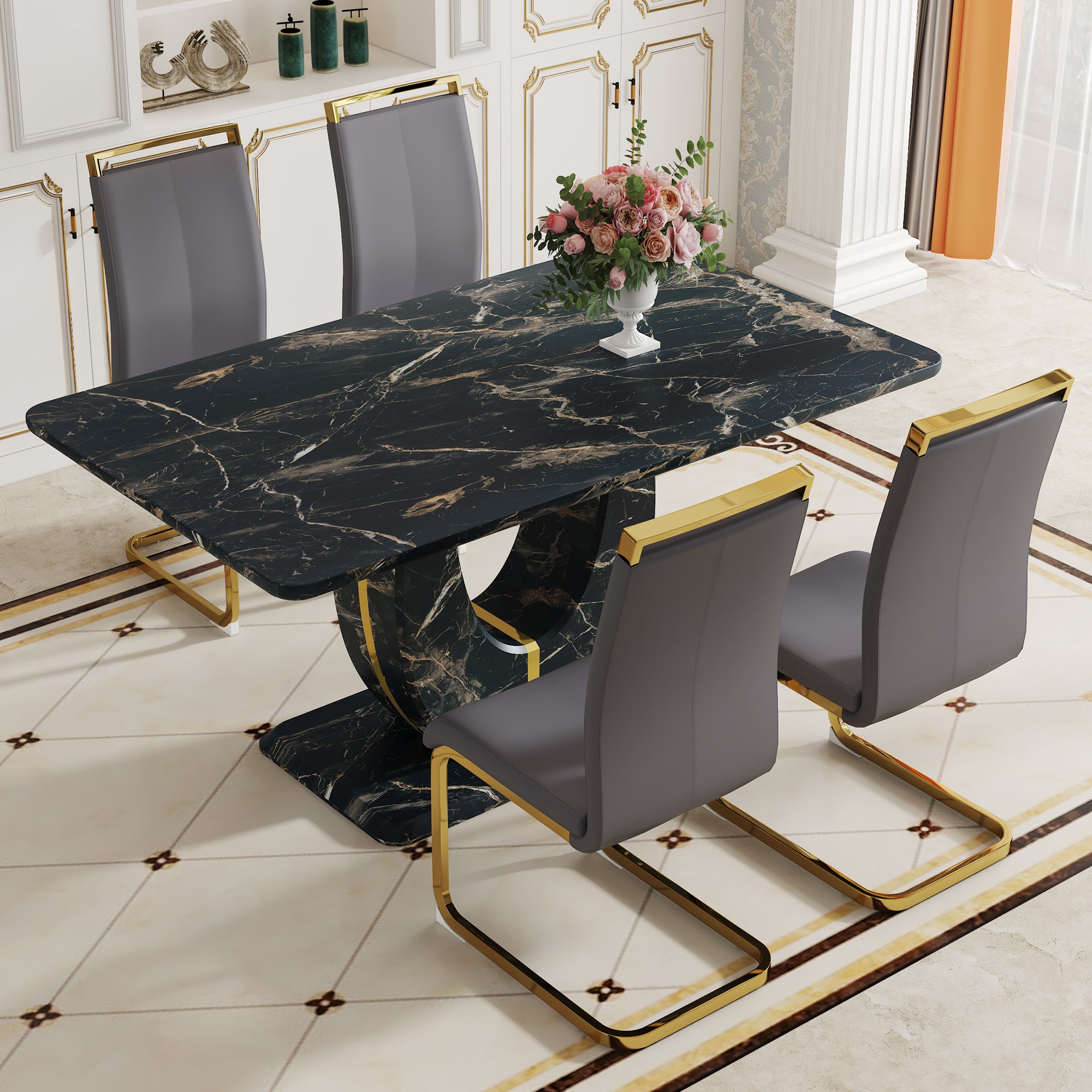 Black Marble Dining Set with 4 Chairs