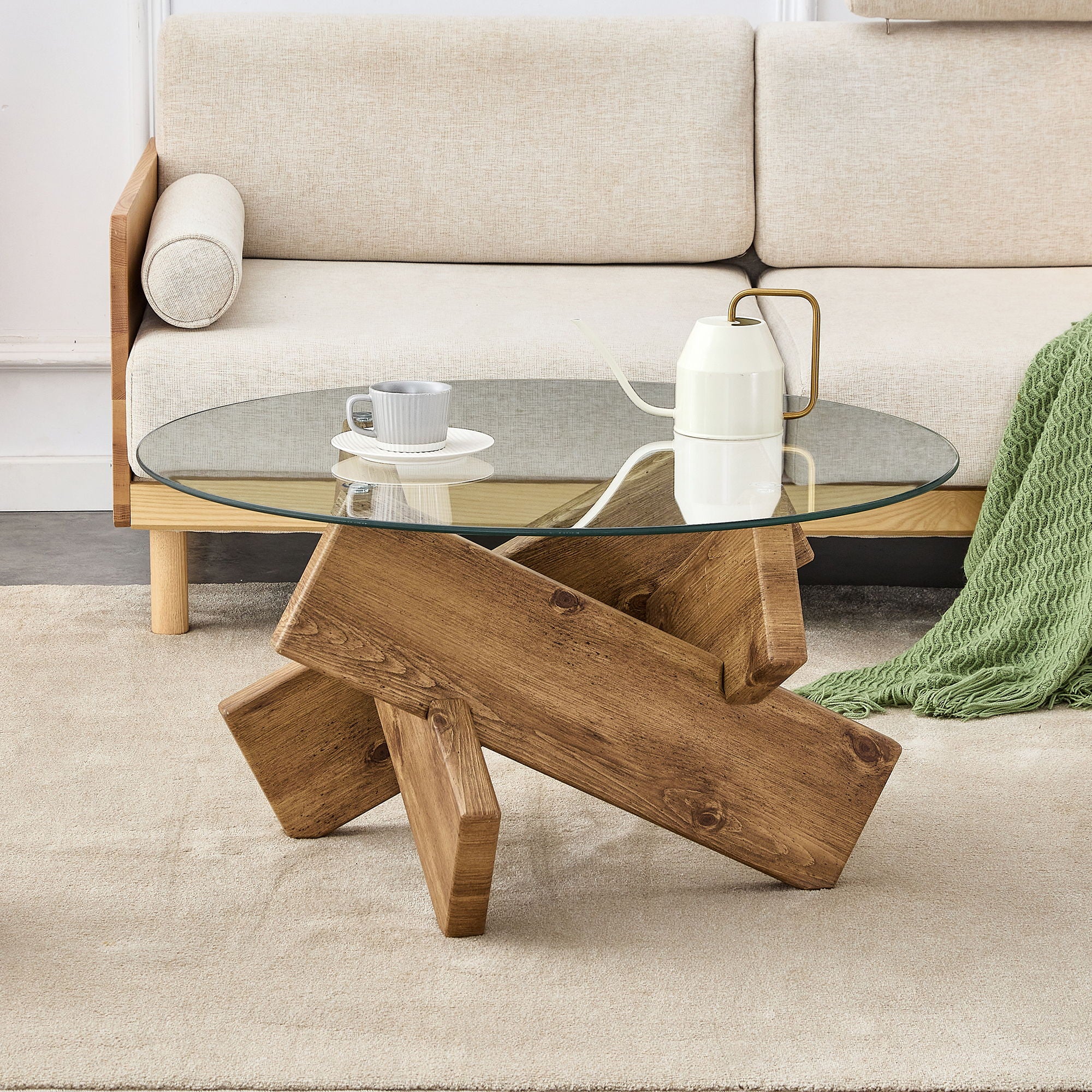 Circular Glass Coffee Table, Modern And Distinctive Design Tea Table Tempered Glass Countertop, Wood Colored MDF Table Legs Suitable For Living Rooms And Farmhouses