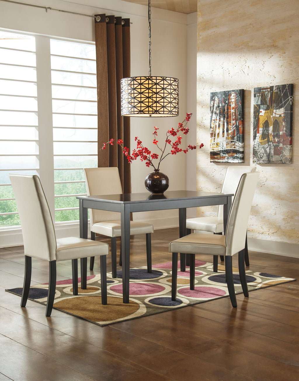 Dining side chair in pearl silver upholstery with tall back and dark straight legs