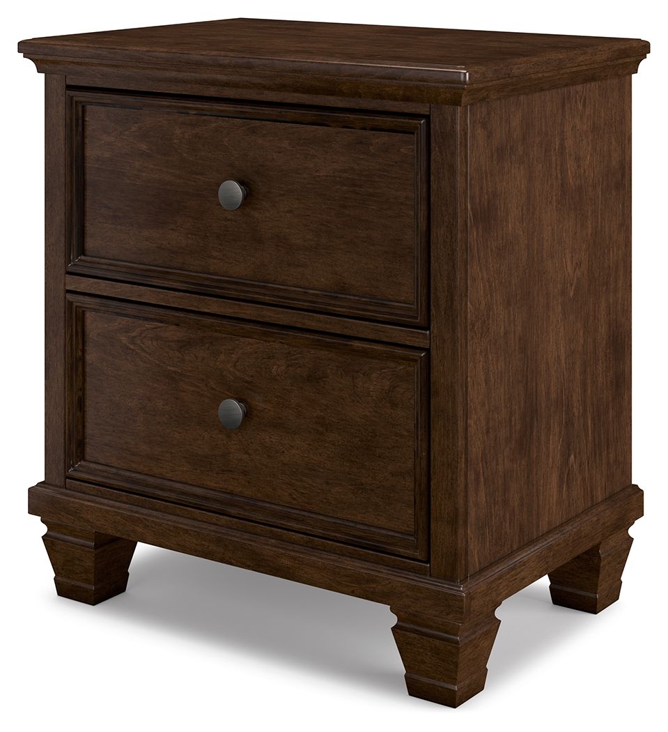 Brown two-drawer nightstand with two front drawers and round metal knobs, angled