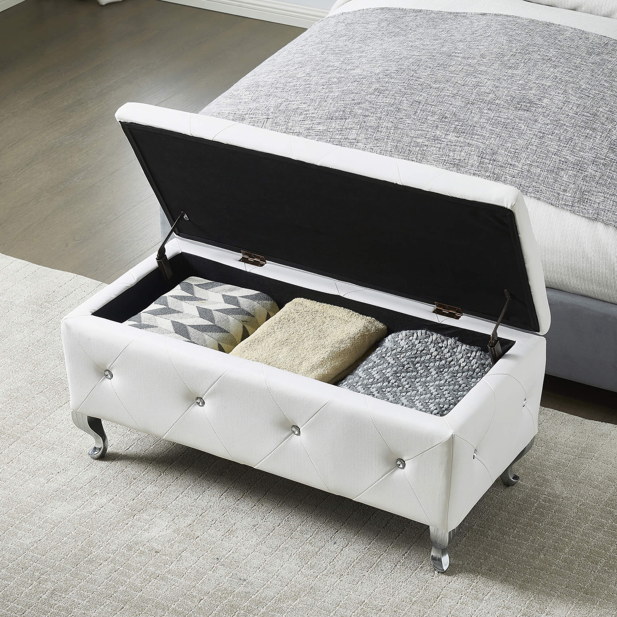 White Faux Leather Storage Ottoman Bench for Bedroom & Living Room