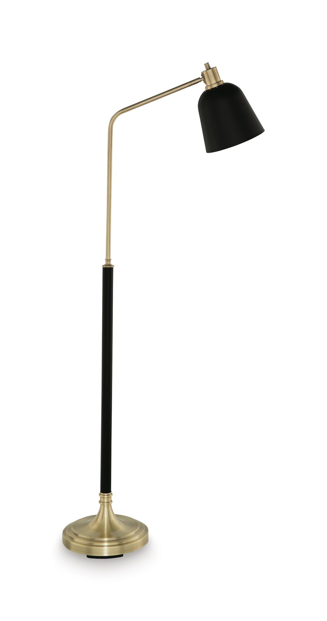 Black cone shade metal lamp with brass curved arm and round base, standing