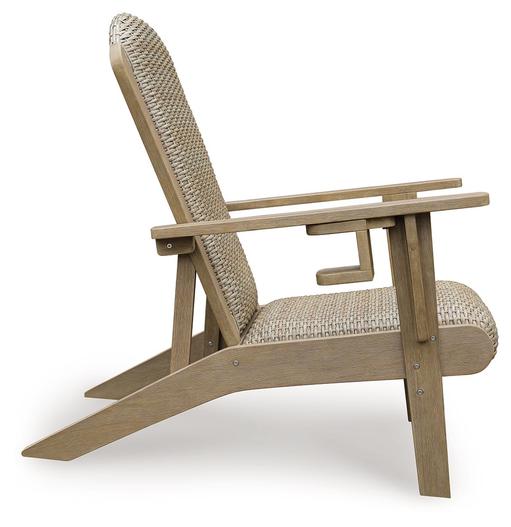 Marina Sun Adirondack chair with beige woven seat and tall back, recline slats