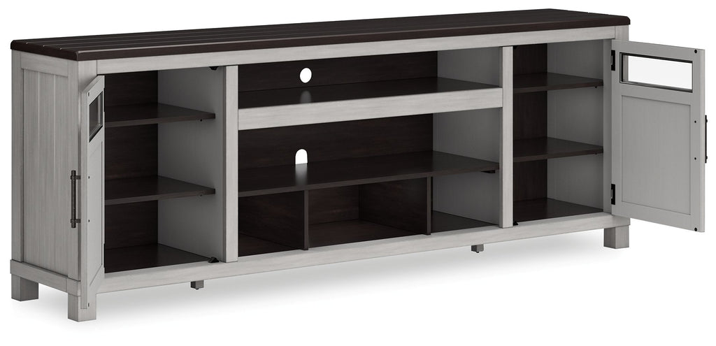 Gray TV stand with dark top, multiple open shelves and two doors on the ends