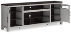 Gray TV stand with dark top, multiple open shelves and two doors on the ends