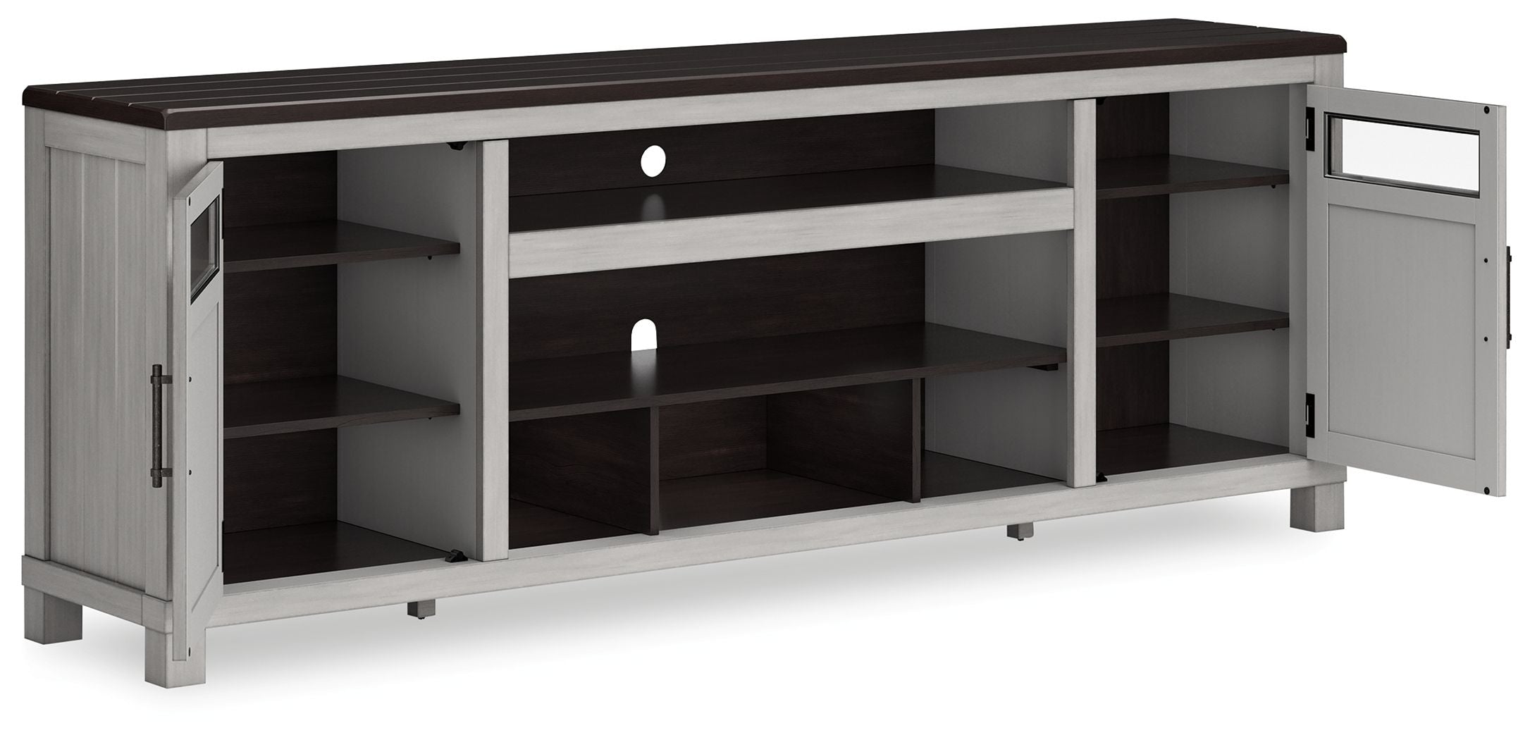 Gray TV stand with dark top, multiple open shelves and two doors on the ends