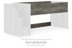 Twin loft bed frame in gray wood with white side panels and ladder cutout.