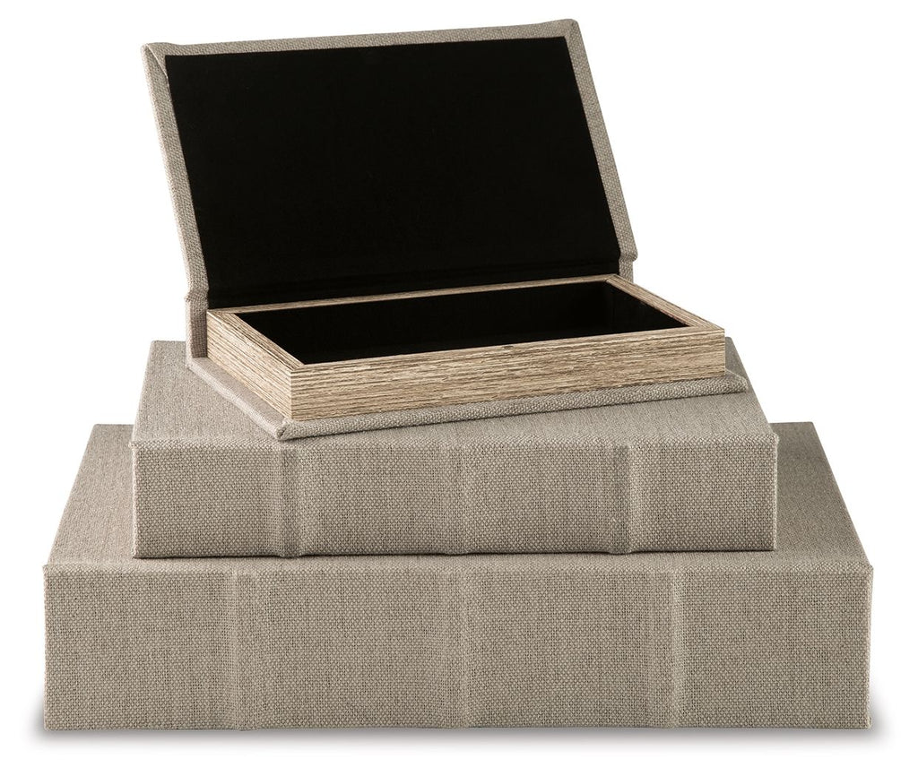 Gray fabric keepsake box set with open hinged lid and empty compartments