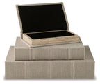 Gray fabric keepsake box set with open hinged lid and empty compartments