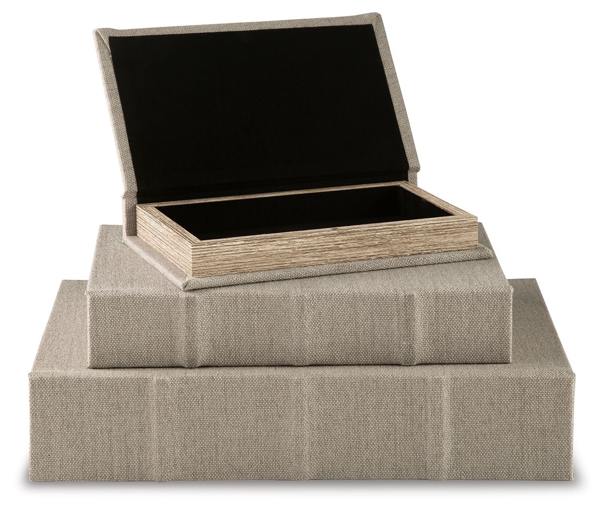 Gray fabric keepsake box set with open hinged lid and empty compartments