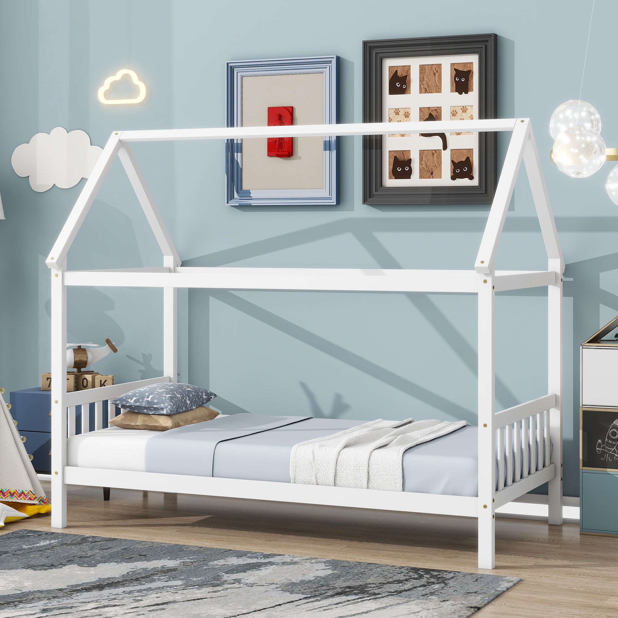 Twin House Bed with Frame, Rubber Wood, White - Headboard/Footboard