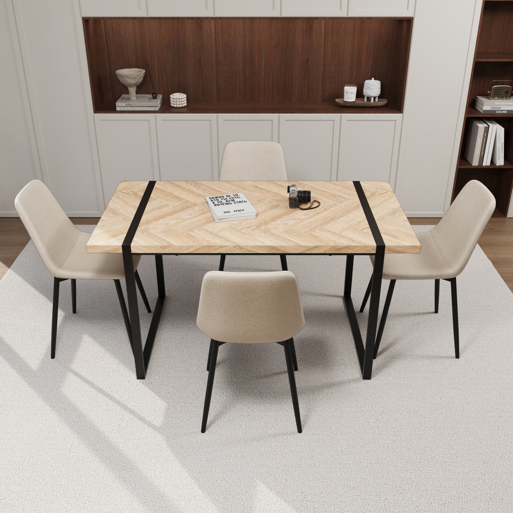 59" Modern Dining Table & 4 Chairs Set - Light Wood