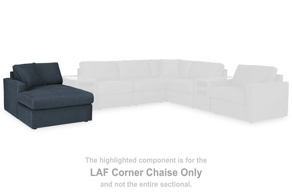 Dark blue corner chaise component with attached seat and back cushions
