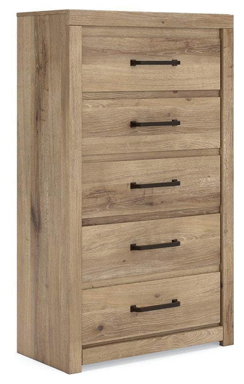 Tan wooden five-drawer chest with 5 drawers and black bar handles