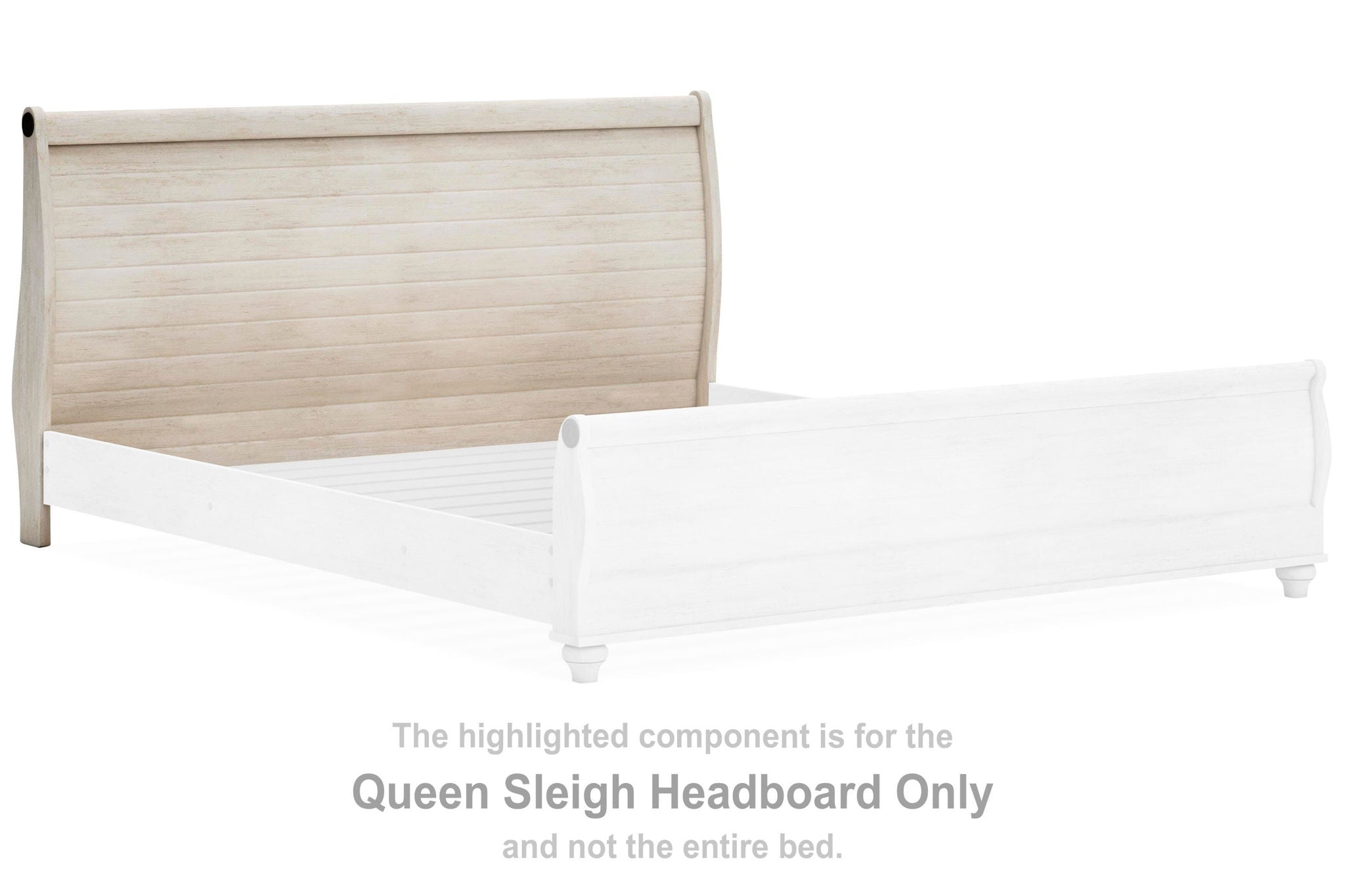 Queen sleigh headboard with faux plank design, whitewash wood panel