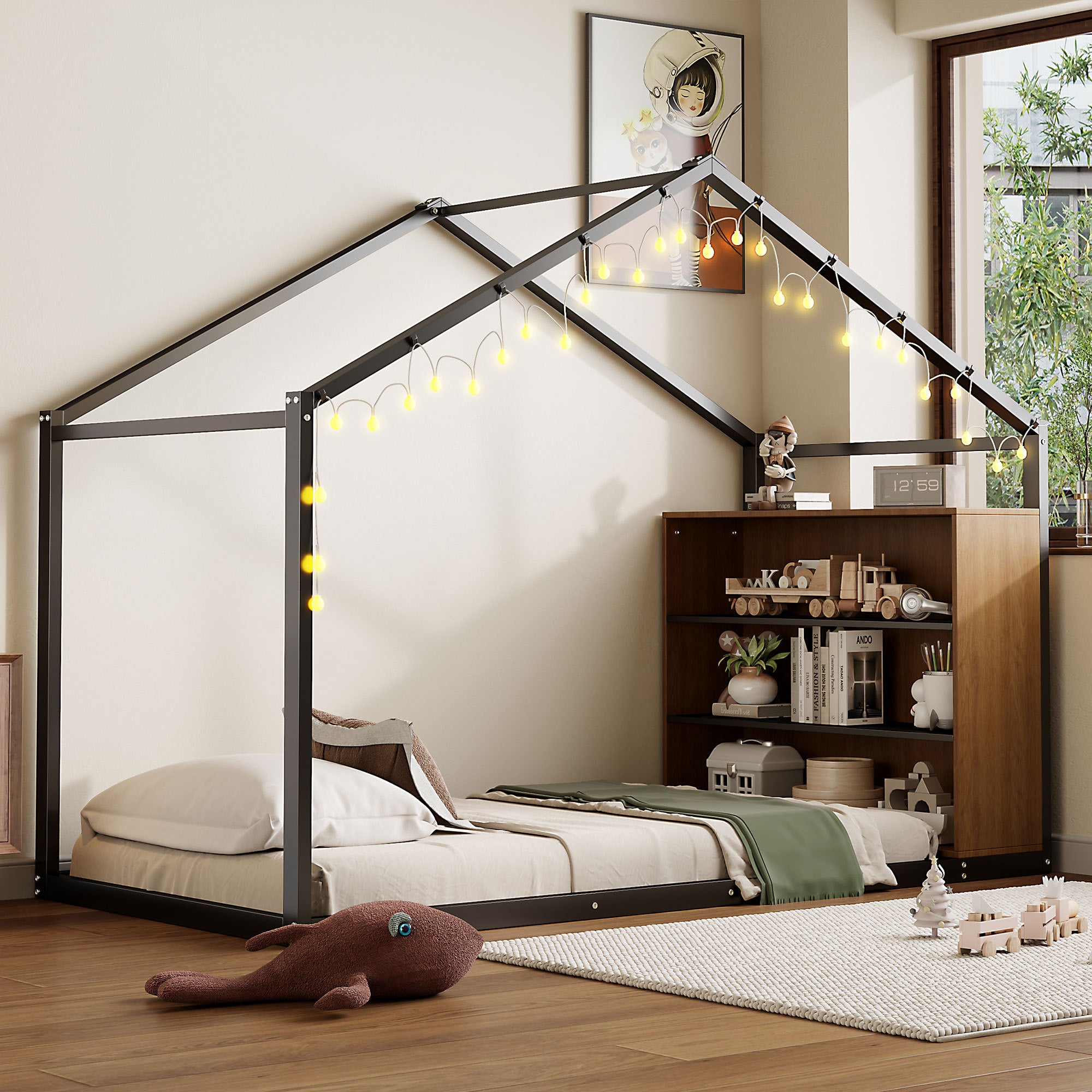 Twin Metal House Bed Frame w/ Shelves & Lights - Black