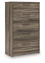Five-drawer chest in dark brown wood grain, straight frame with metal drawer pulls