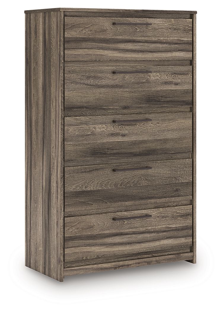 Five-drawer chest in dark brown wood grain, straight frame with metal drawer pulls