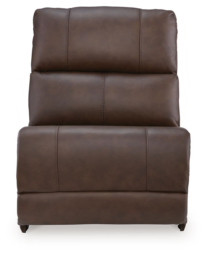 Espresso armless recliner chair front view with cushioned seat, back, and stitched panels
