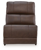 Espresso armless recliner chair front view with cushioned seat, back, and stitched panels