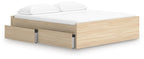 Light brown platform bed with side storage drawers and upholstered headboard