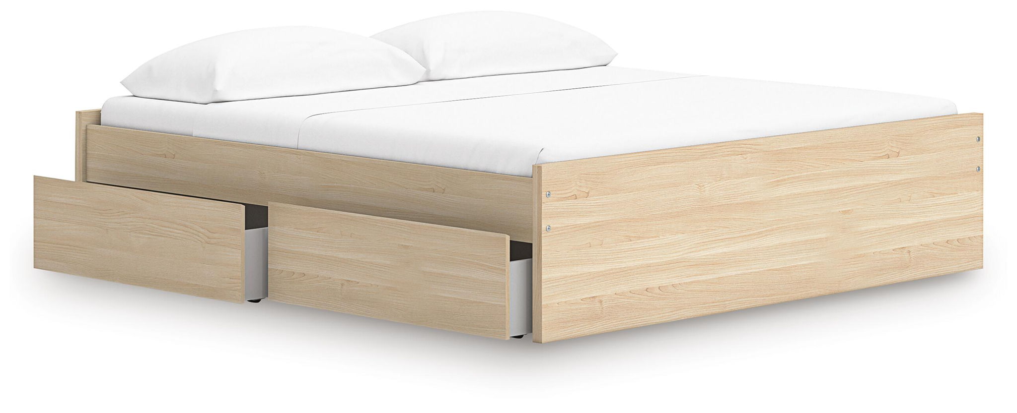 Light brown platform bed with side storage drawers and upholstered headboard