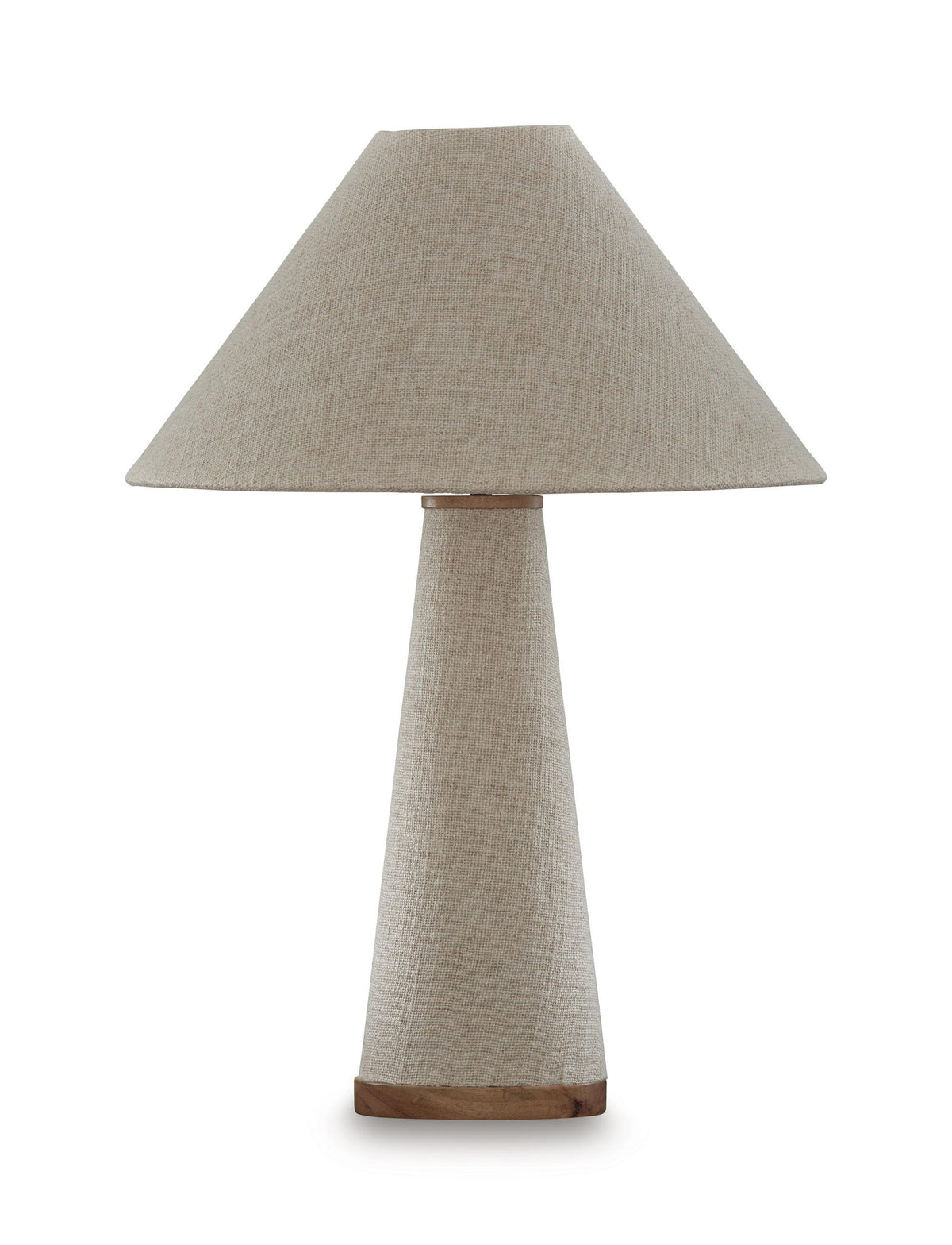 Beige fabric shade metal lamp with tall cylindrical body and wood-toned base trim