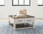 Lift-top cocktail table with gray finish, two drawers, dark slatted shelf, open top