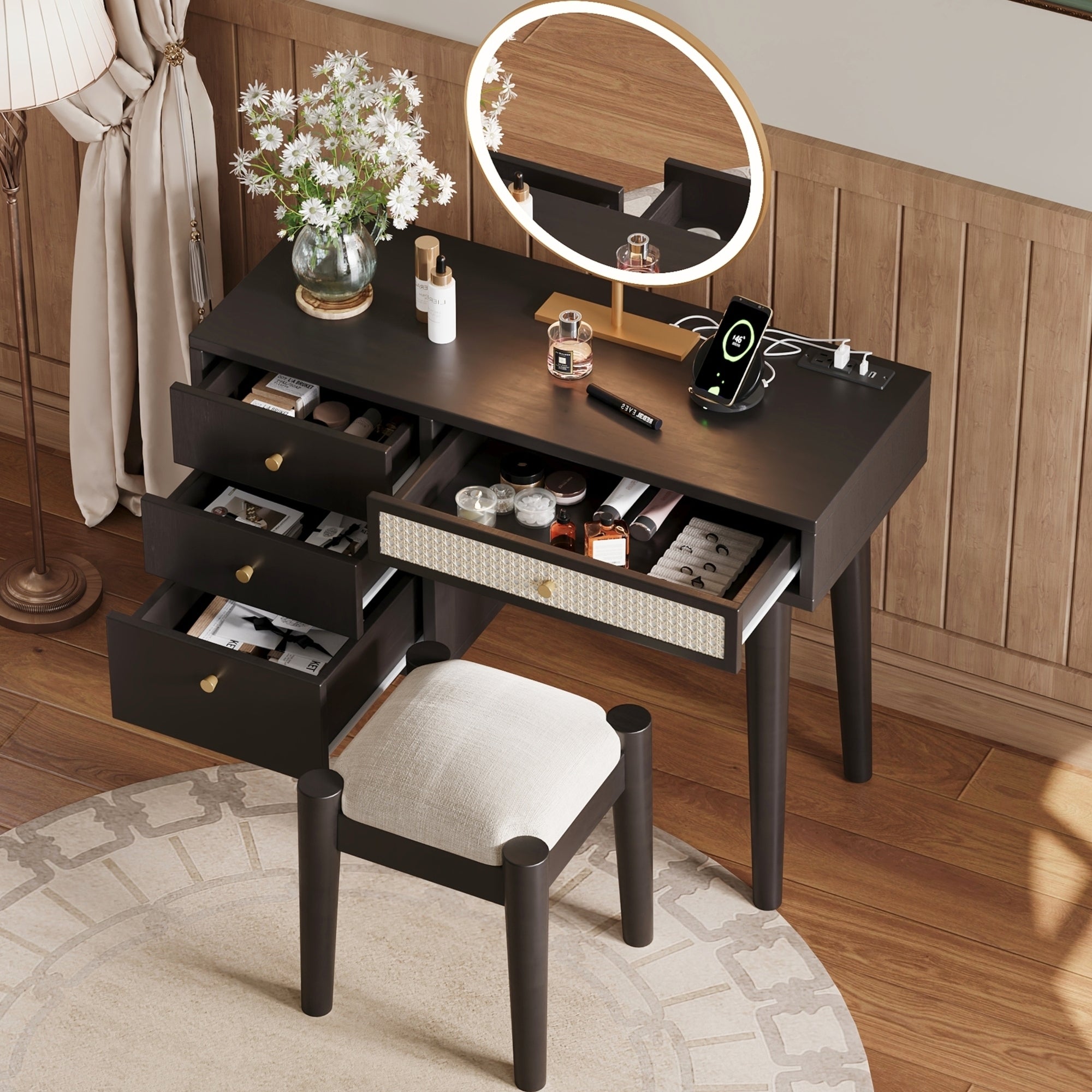 39" Bohemian Vanity Set with Storage & Charging | Black-American Furniture Outlet