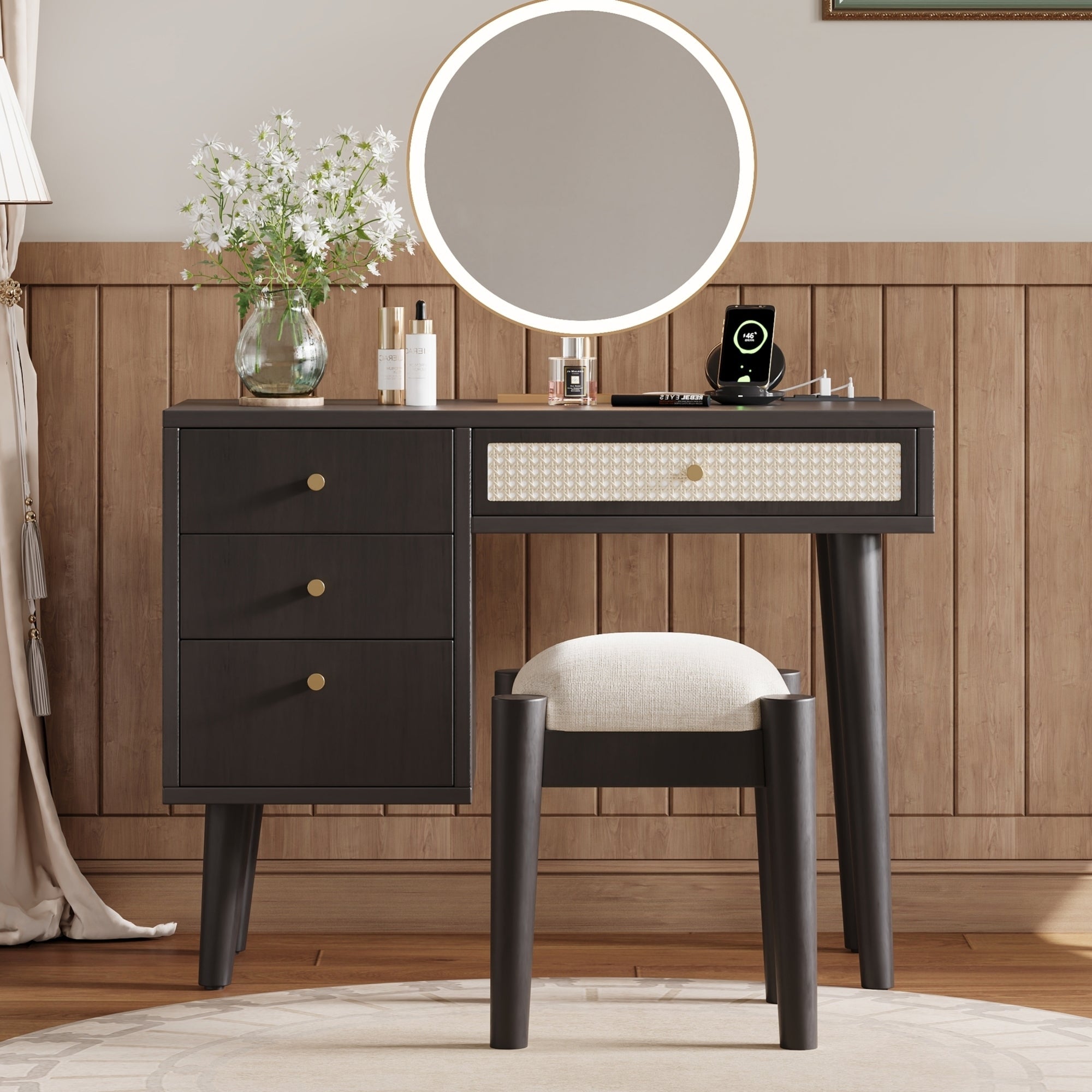 39" Bohemian Vanity Set with Storage & Charging | Black-American Furniture Outlet