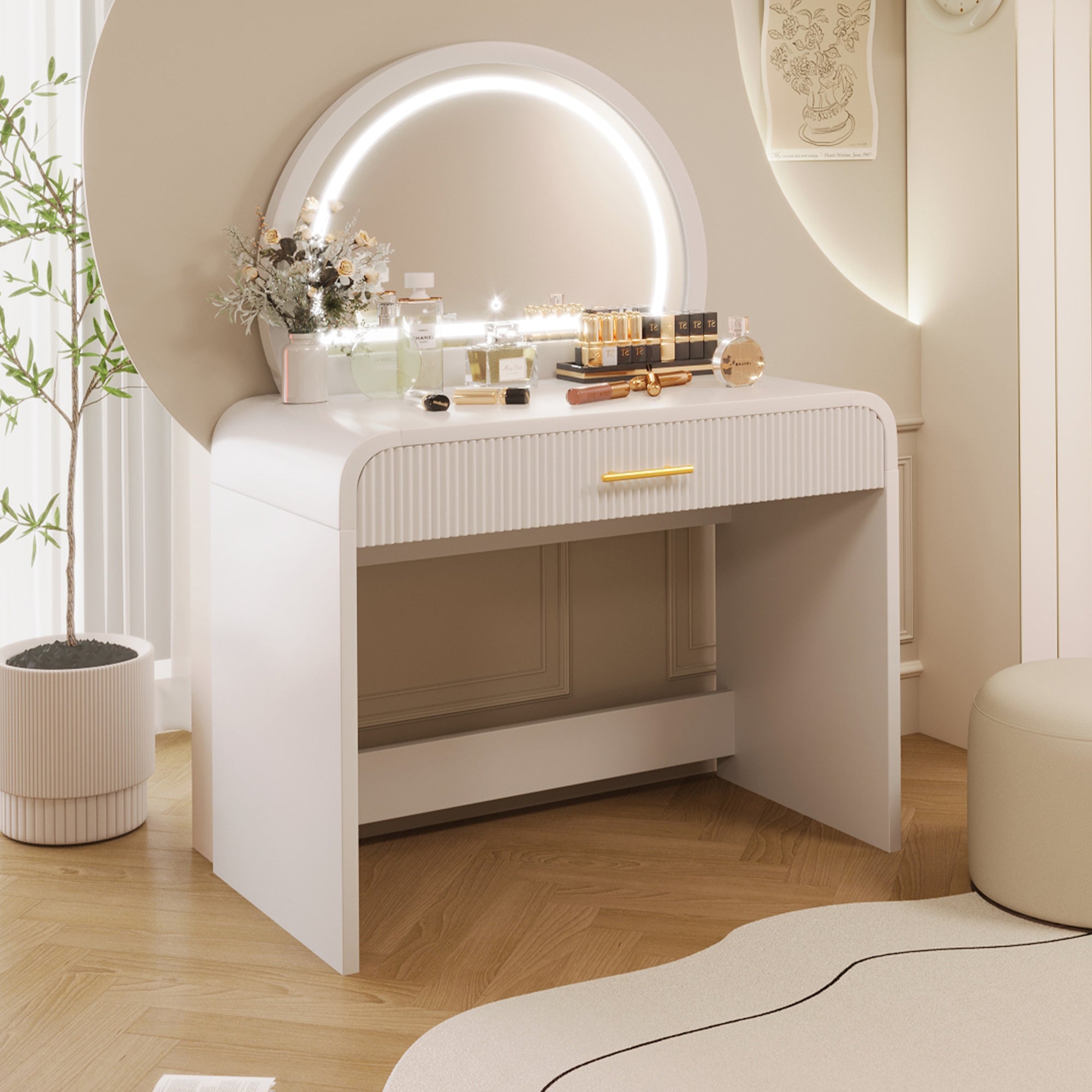 39" Vanity Table with Lighted Mirror & Drawer | White-American Furniture Outlet