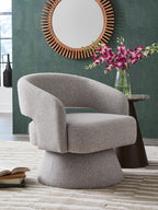 Pebble gray swivel accent chair with wide arms and cushioned seat