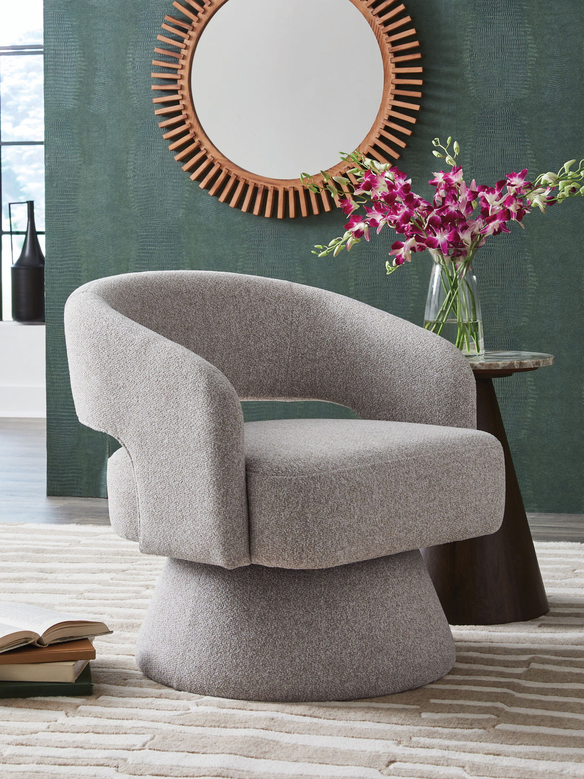 Pebble gray swivel accent chair with wide arms and cushioned seat
