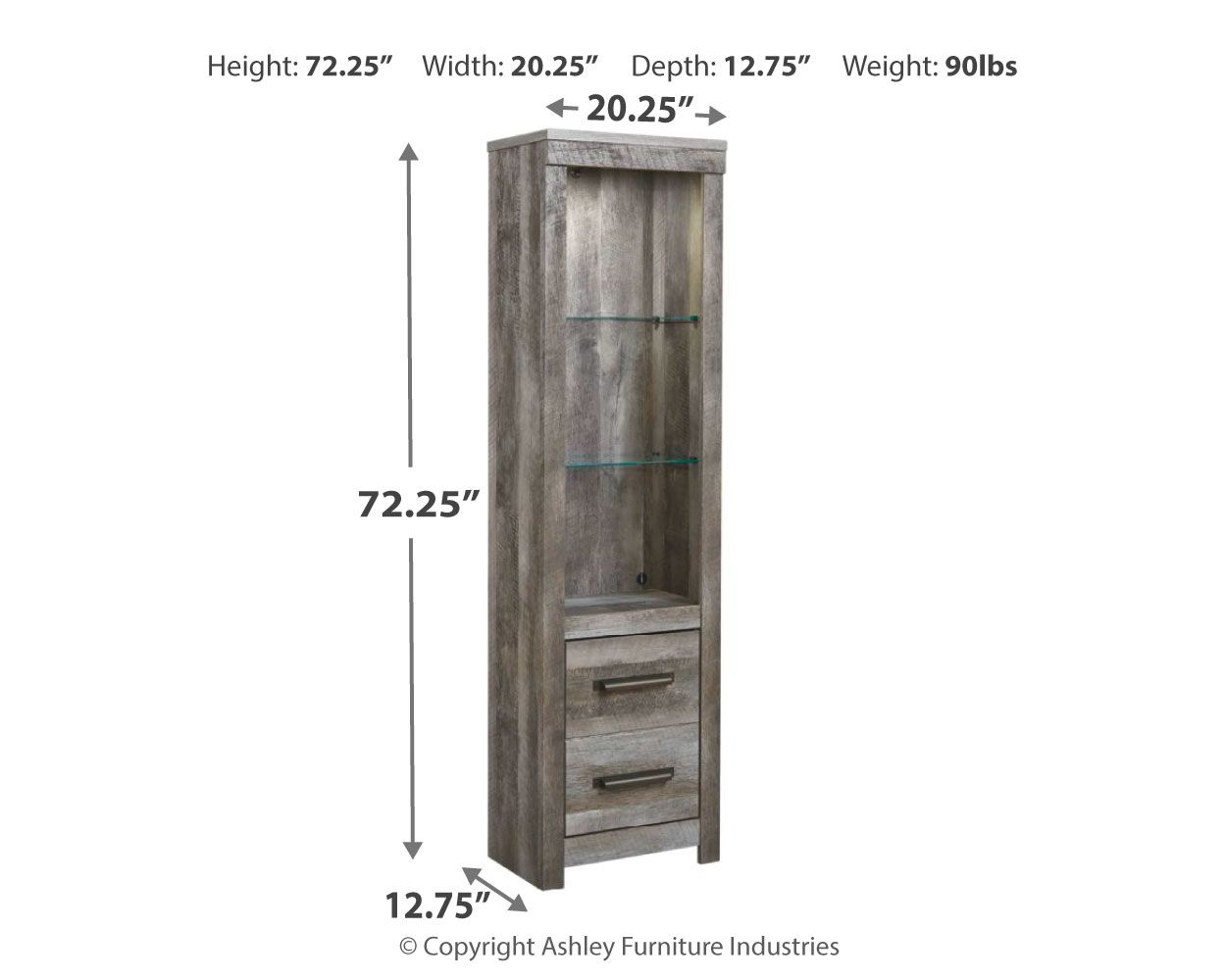 Dark gray cabinet with two drawers and two shelves, size 72.25 in H