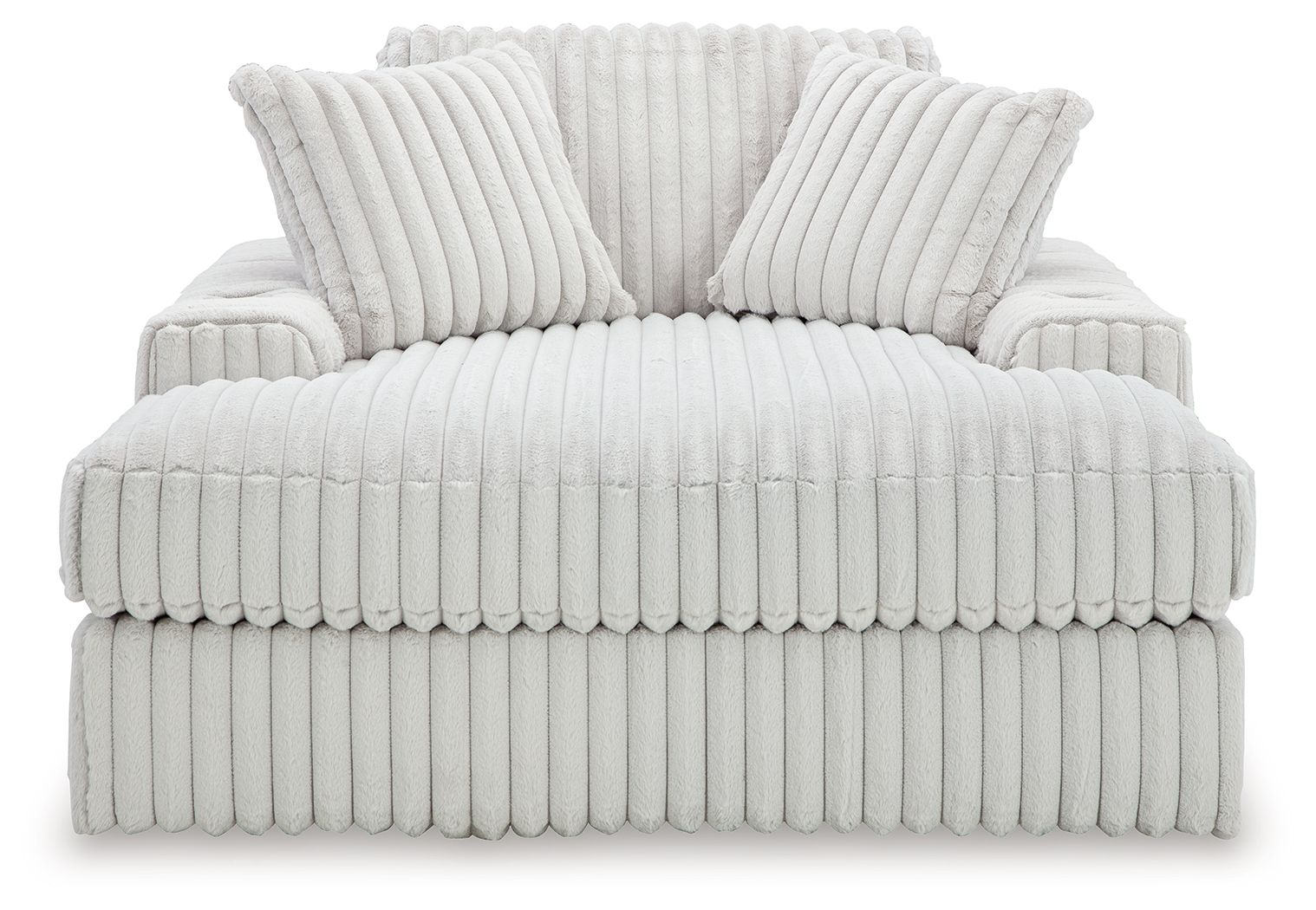 Oversized chaise lounge with ribbed upholstery and two back pillows, light gray