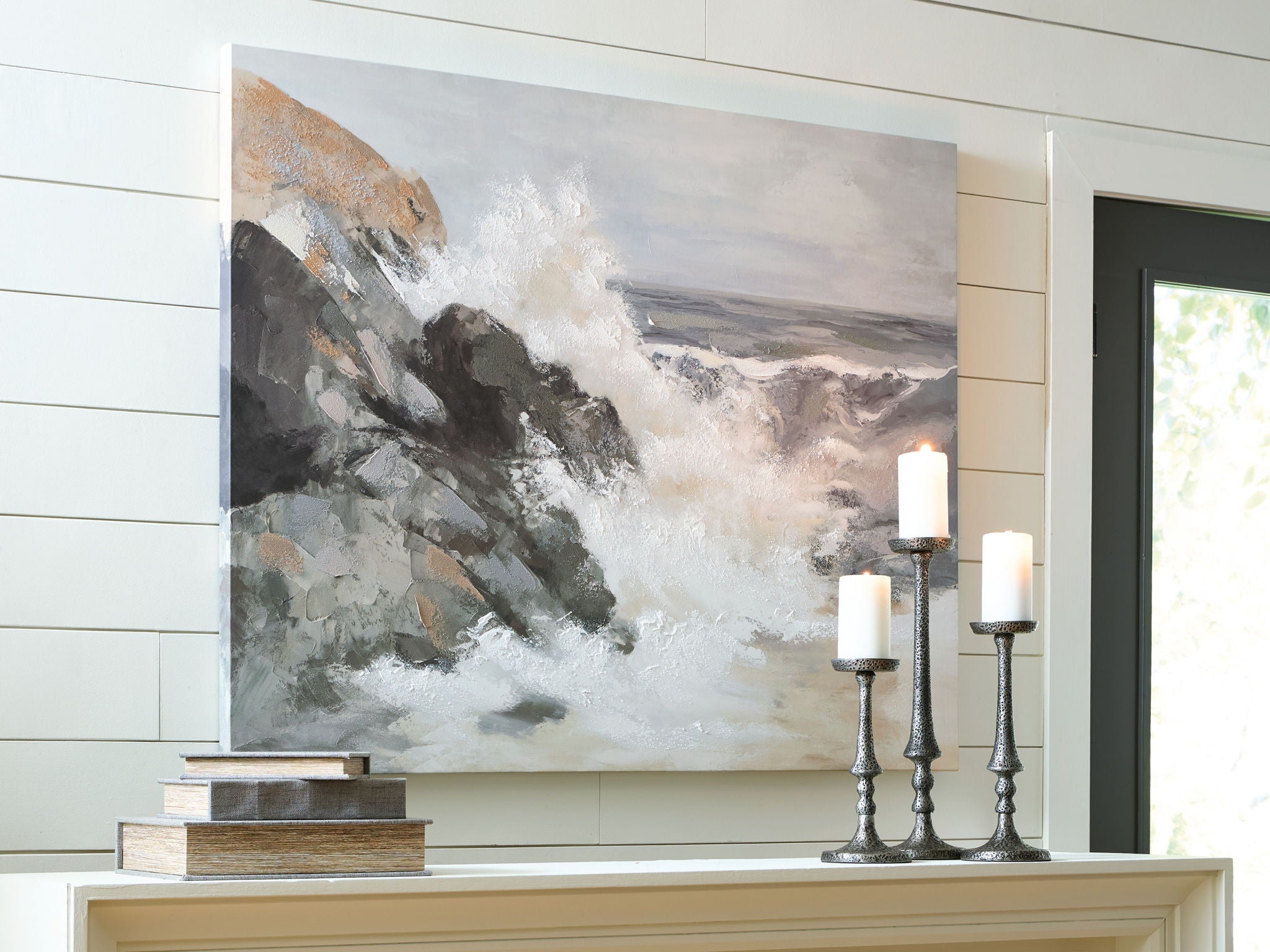 Abstract landscape wall art canvas with tan rocks, gray clouds, and white mist
