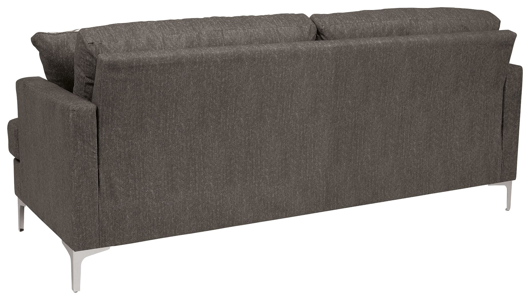 Arcola sofa in dark gray fabric with wide armrests and three-seat backrest