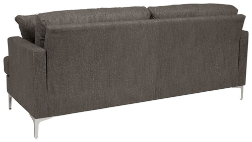 Arcola sofa in dark gray fabric with wide armrests and three-seat backrest