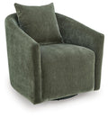 Loden green swivel accent chair with square arms and plush fabric upholstery