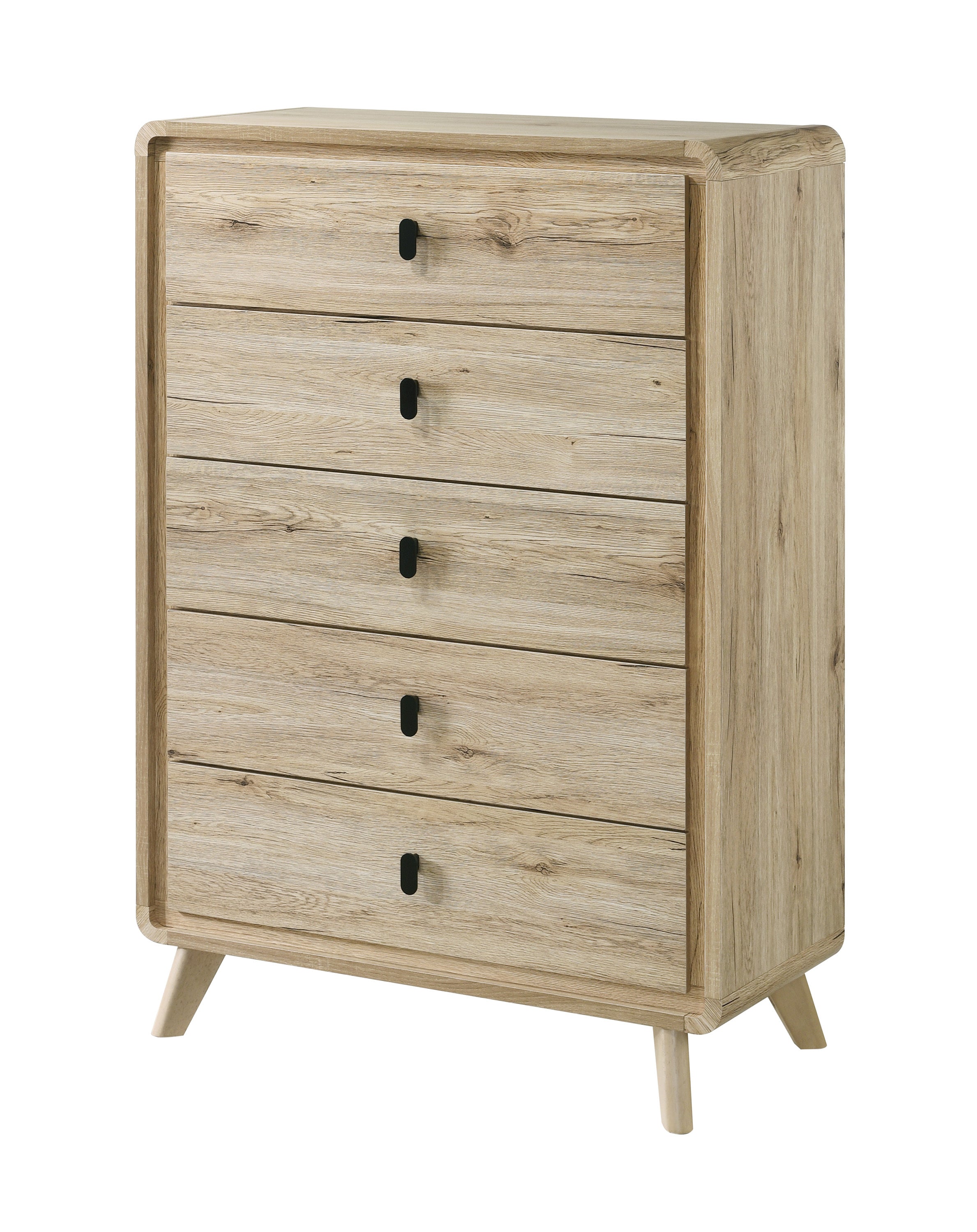 Mid-Century 5-Drawer Tall Chest: Wood-Inspired Beige Storage
