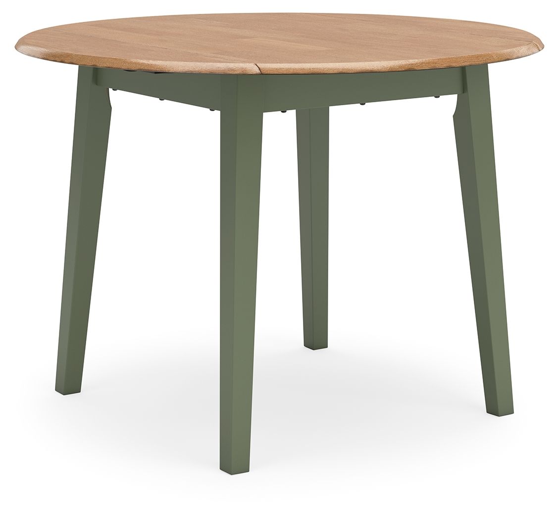 Round drop-leaf dining table, light wood top with green legs