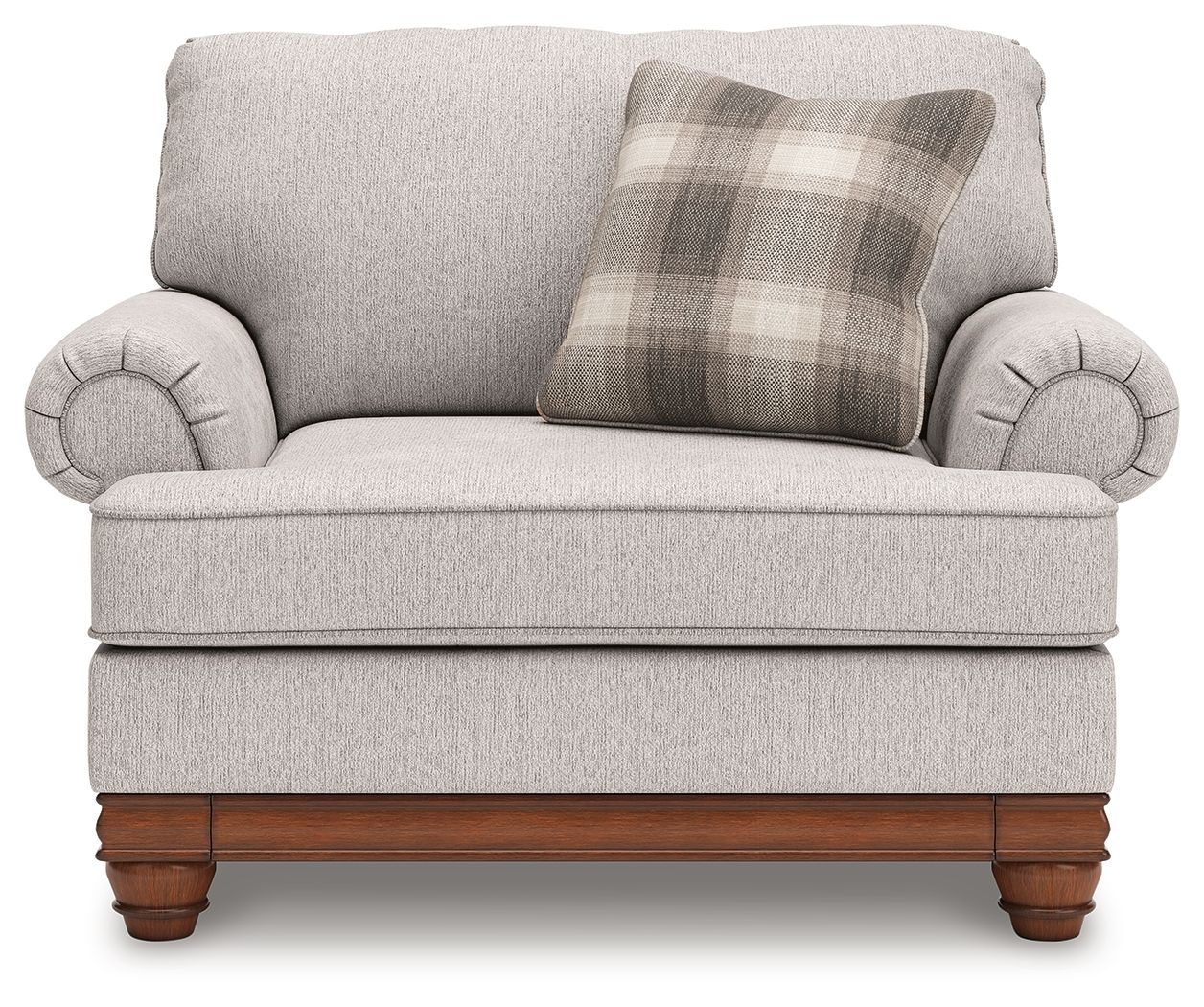 Light-gray chair and a half with plaid back pillow, rolled arms, and wood base