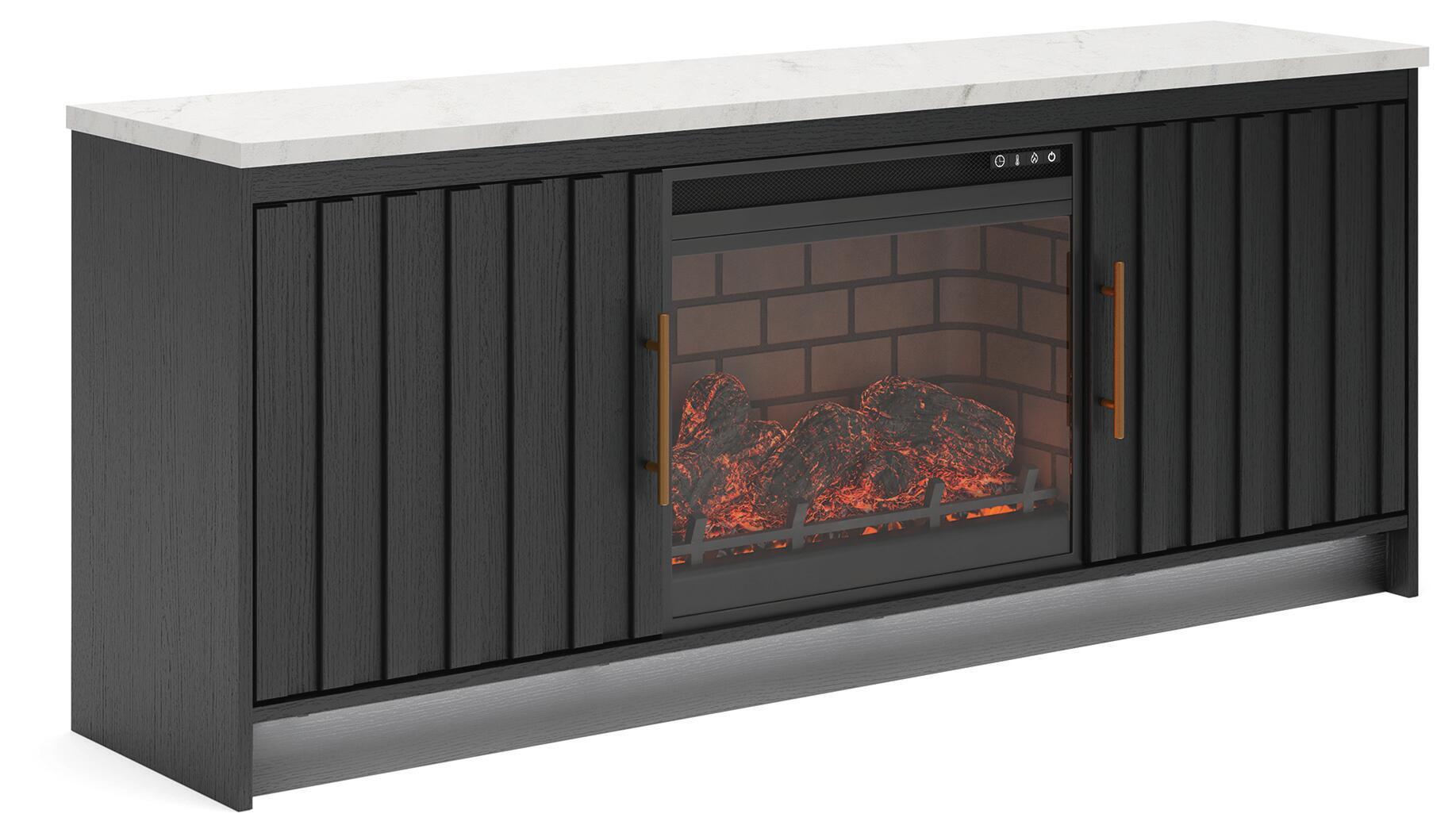 Cadmori TV stand with glass fireplace insert in black, red ember bed behind glass