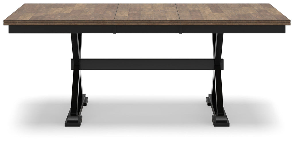Dark brown dining table with extension leaves, black legs, and open underside support